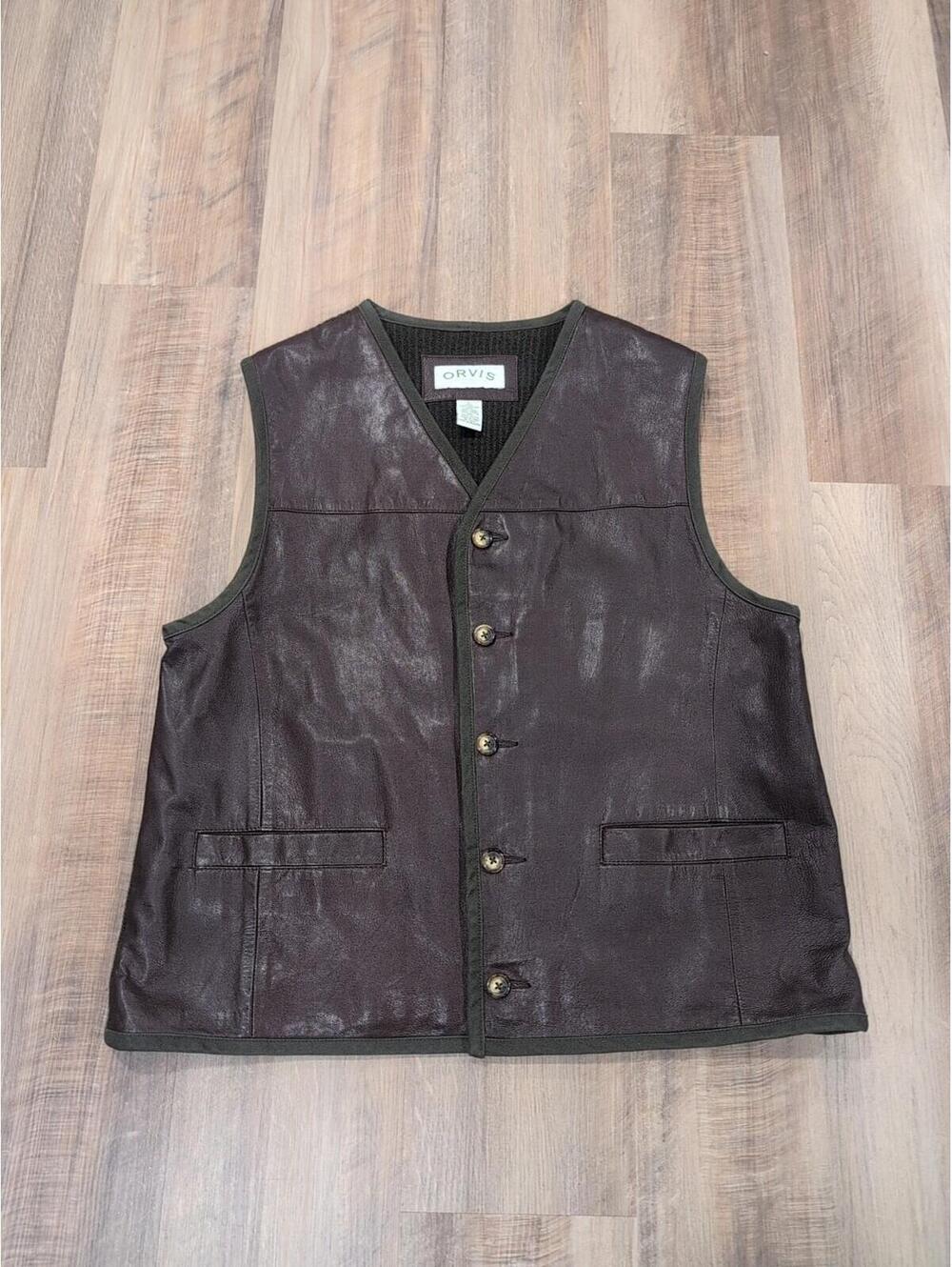 Orvis Leather & Wool Hunting Utility Button Up Brown & Green Vest Men Size L